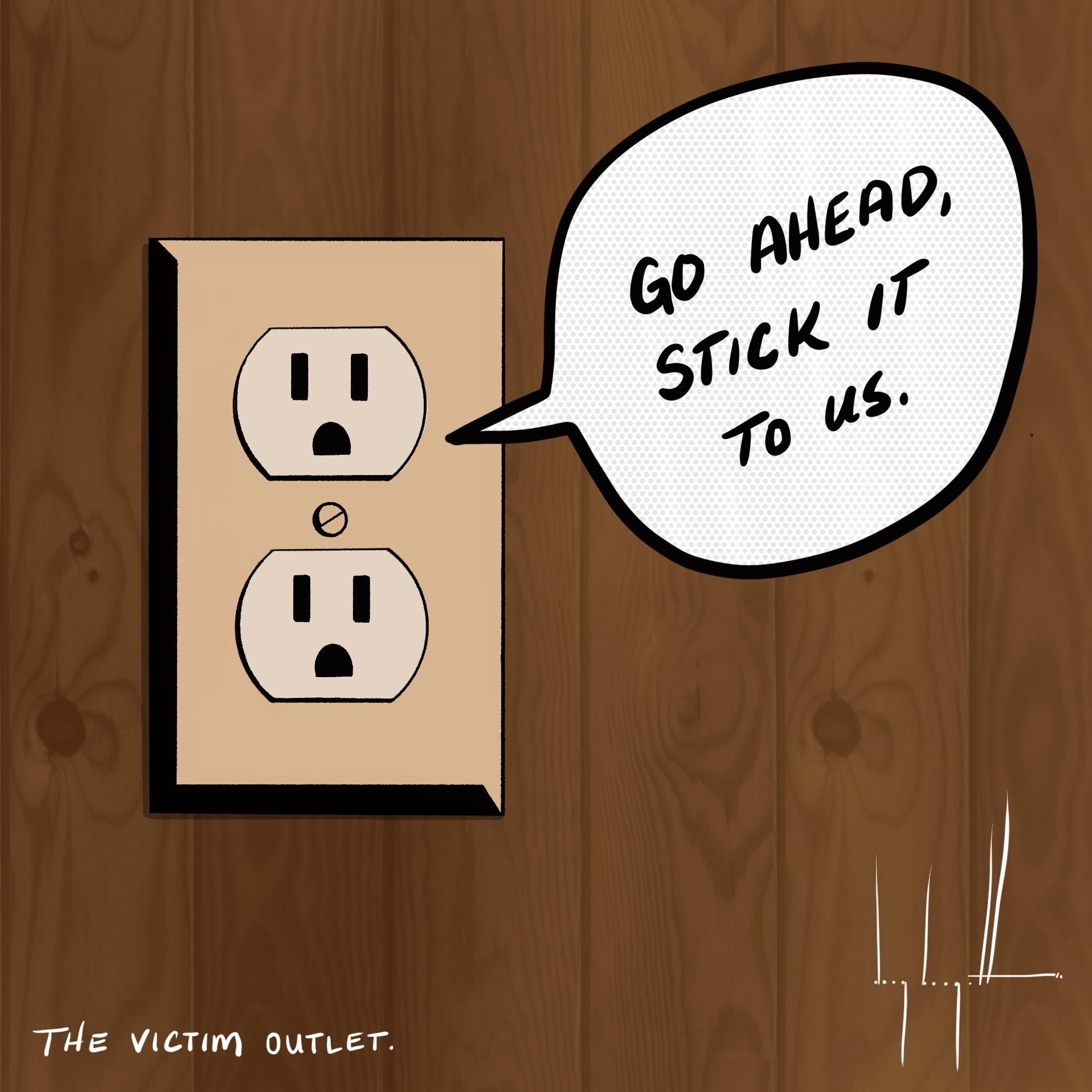 illustration by Doug Burgett titled "The outlet says, Go Ahead, Stick It To Us!"