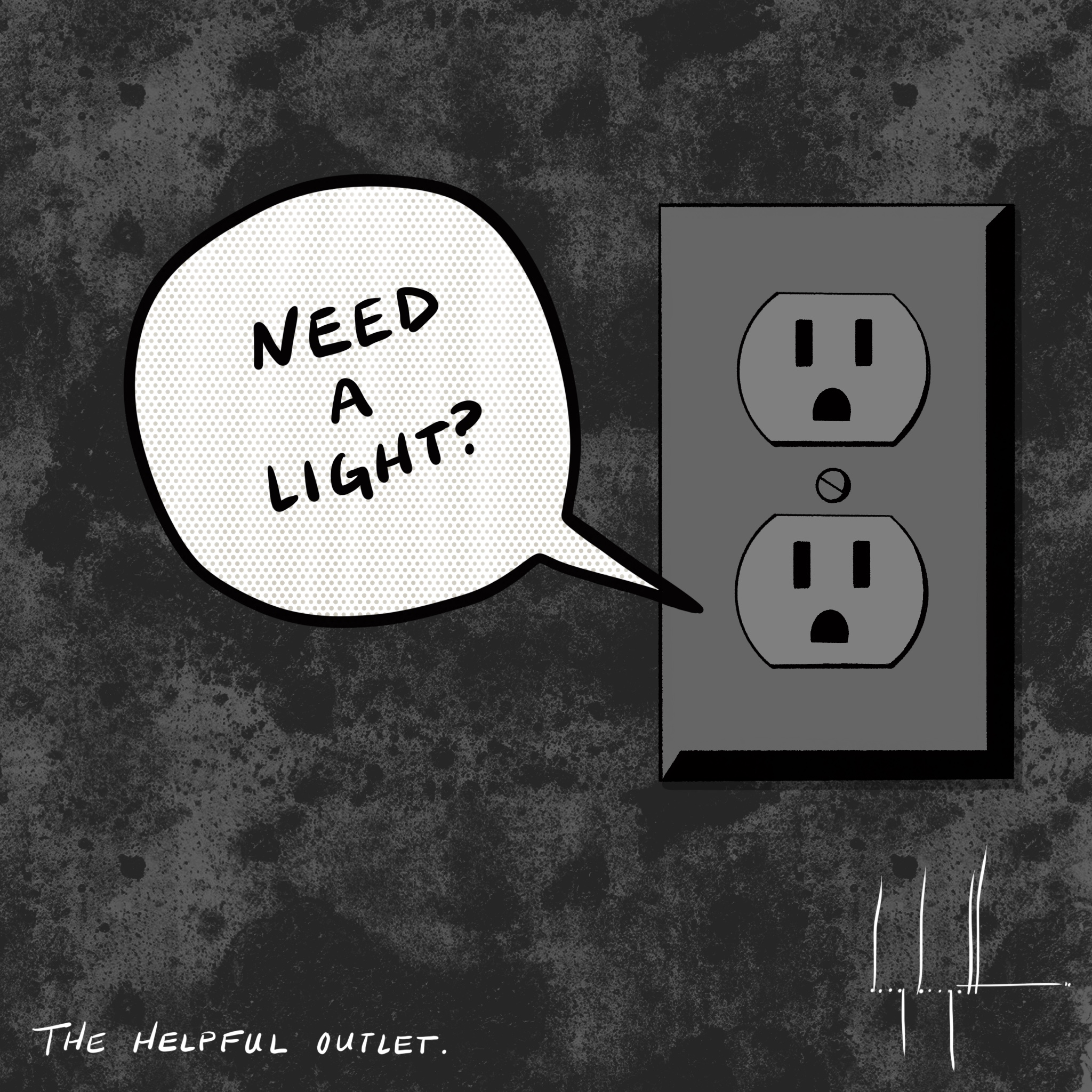 illustration by Doug Burgett titled "The outlet says, Need a Light?"